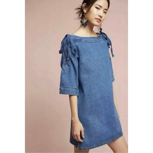 Maeve Dresses & Skirts - Anthropologie Maeve Denim Mini Dress Tunic Size M Shoulder Tie Boho Cottage